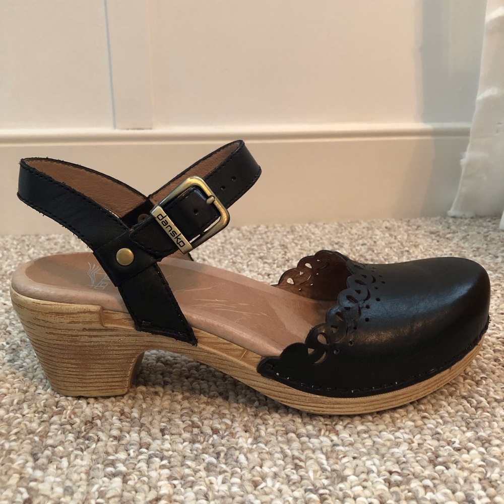 Dansko Marta Black Leather Clog with Ankle Strap 38